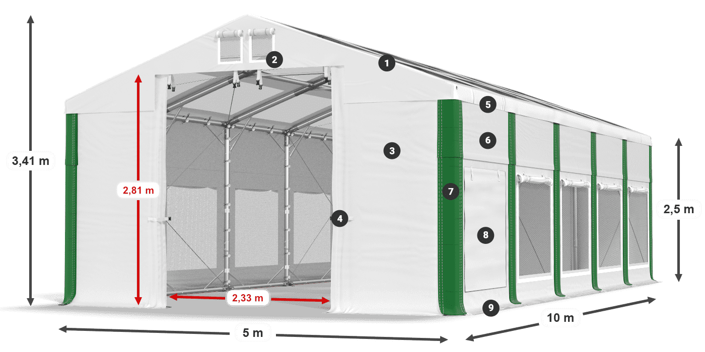 Střecha: MS T 580 PVC Stěny: SD M 500 PVC 2,5 m legenda