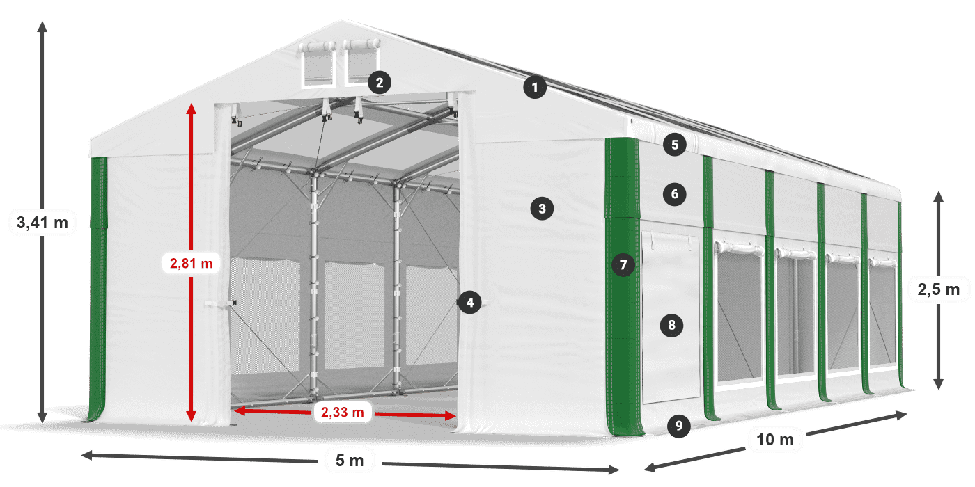 Střecha: MS T 580 PVC Stěny: SD M 500 PVC 2,5 m legenda
