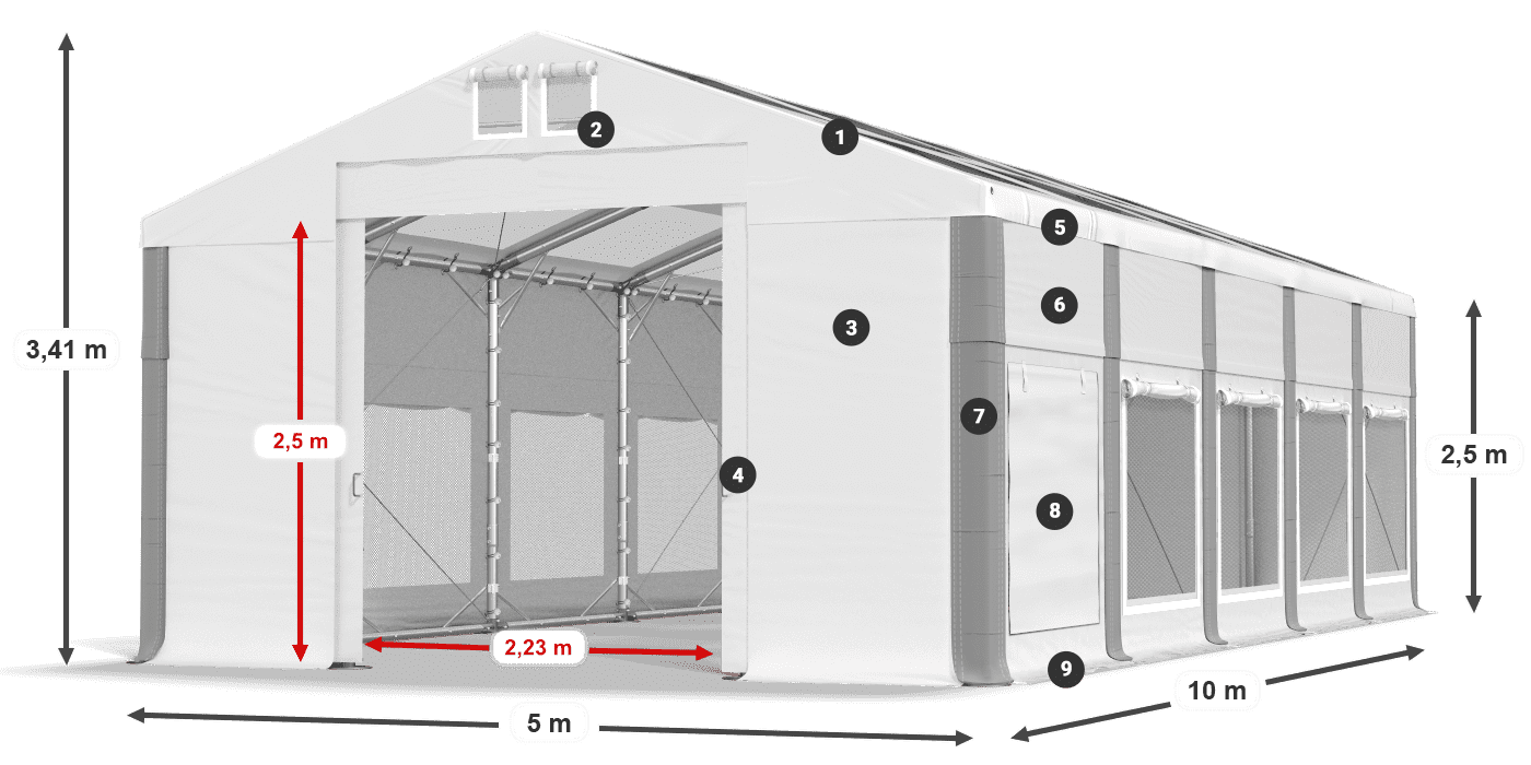 Střecha: MS T 580 PVC Stěny: SD M 500 PVC 2,5 m legenda
