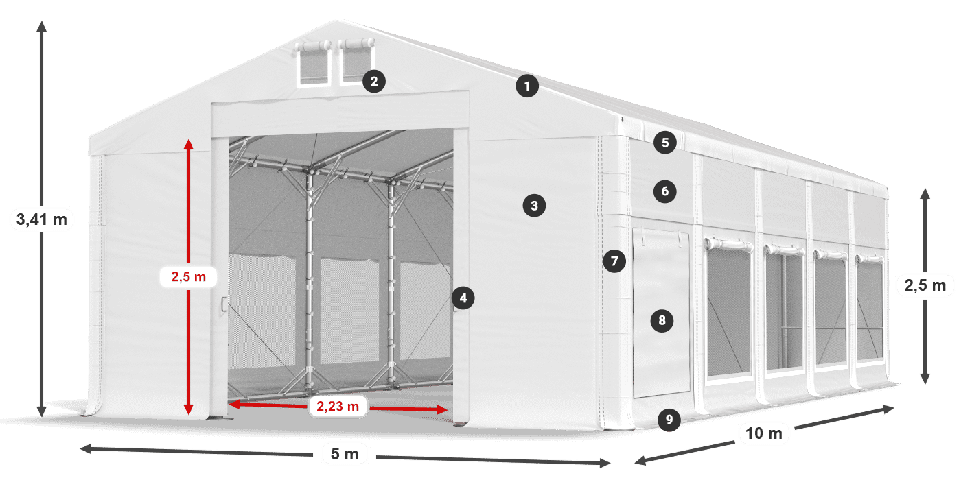 Střecha: MS 580 PVC Stěny: SD M 500 PVC 2,5 m legenda