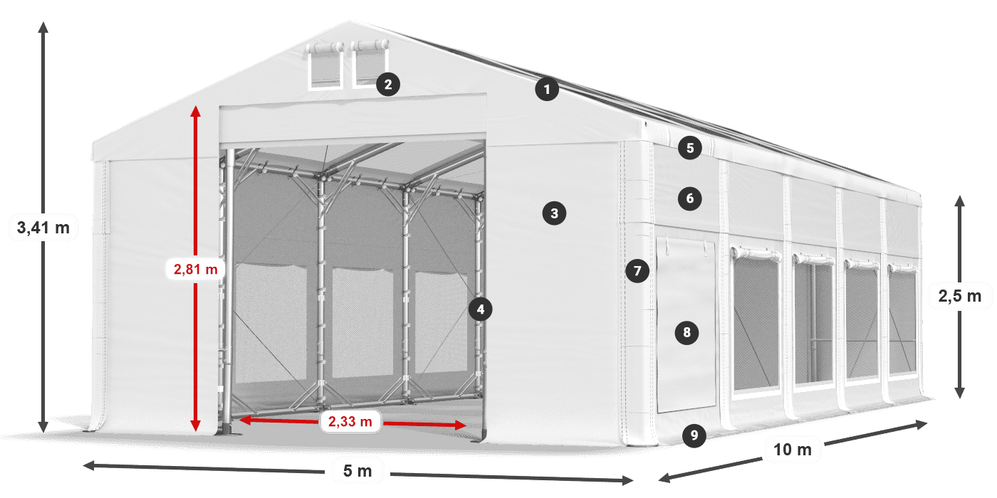 Střecha: MS T 580 PVC Stěny: SD M 500 PVC 2,5 m legenda