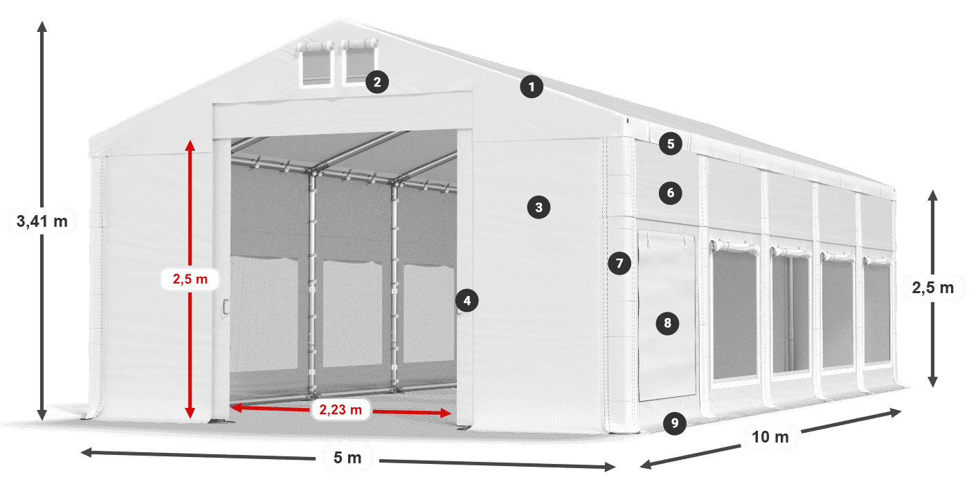 Střecha: MS 580 PVC Stěny: SD M 500 PVC 2,5 m legenda