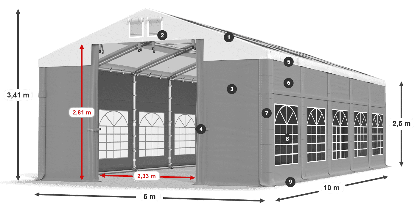 Střecha: MS 580 PVC Stěny: SD 500 PVC 2,5 m legenda