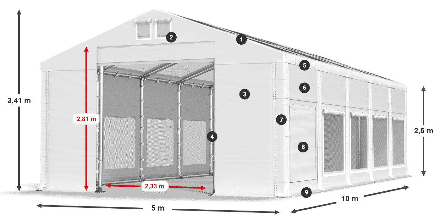 Střecha: MS T 580 PVC Stěny: SD M 500 PVC 2,5 m legenda