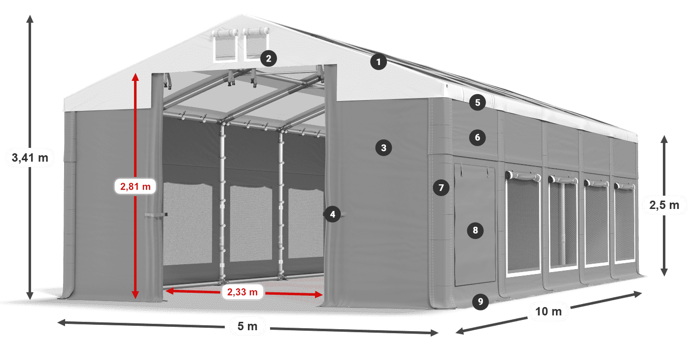 Střecha: MS T 580 PVC Stěny: SD M 500 PVC 2,5 m legenda