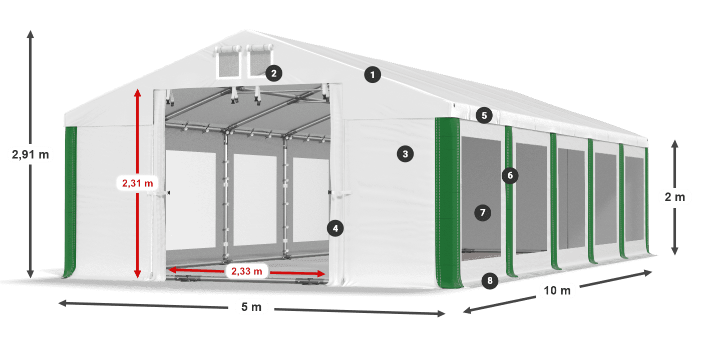 Střecha: FR 620 PVC Stěny: MS 580 PVC 2m legenda