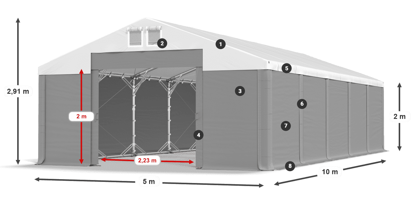Střecha: FR 620 PVC Stěny: SD 500 PVC 2m legenda