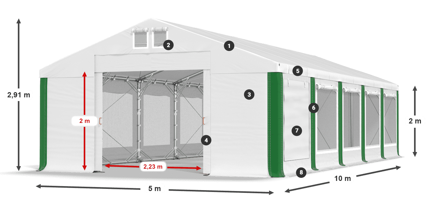Střecha: FR 620 PVC Stěny: SD 500 PVC 2m legenda