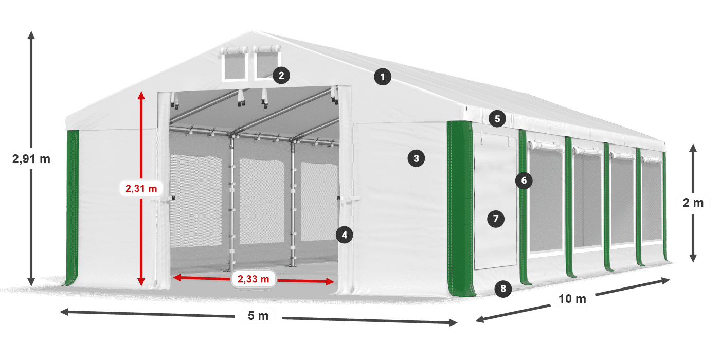 Střecha: FR 620 PVC Stěny: SD 500 PVC 2m legenda