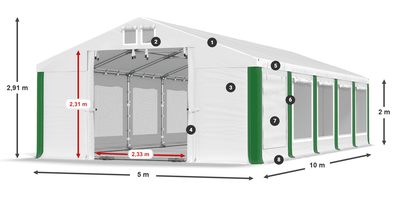 Střecha: FR 620 PVC Stěny: SD 500 PVC 2m legenda