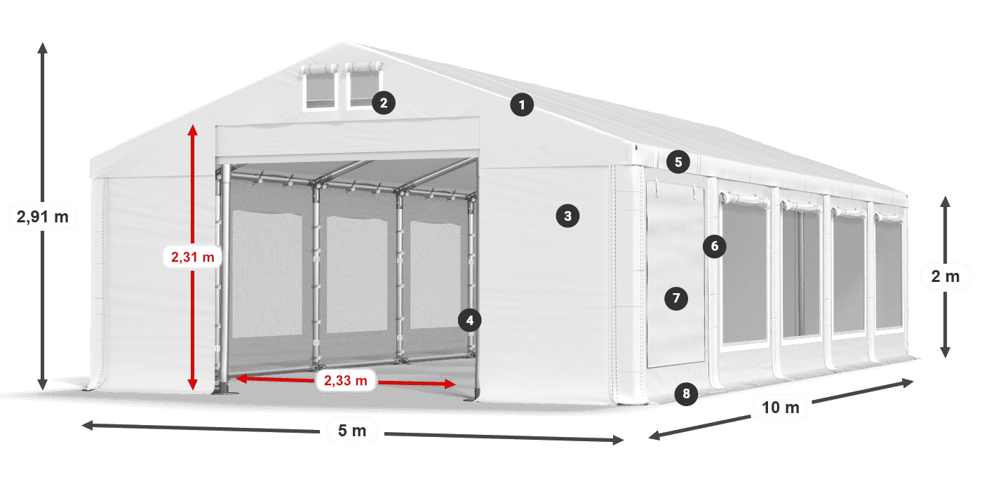 Střecha: FR 620 PVC Stěny: SD 500 PVC 2m legenda