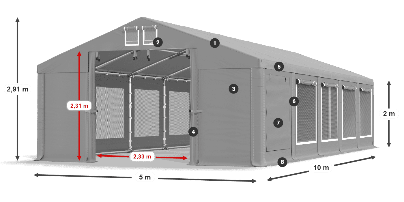 Střecha: FR 620 PVC Stěny: SD 500 PVC 2m legenda