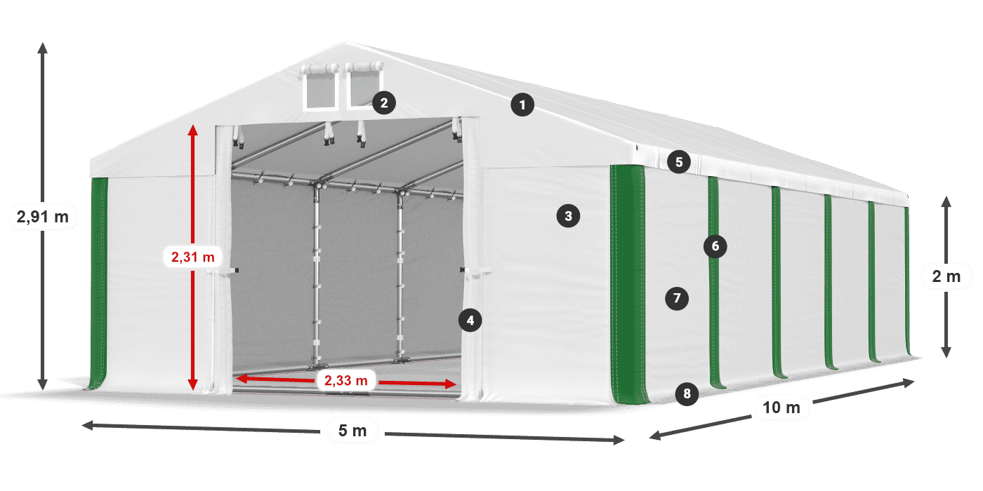 Střecha: MS 580 PVC Stěny: FR M 620 PVC 2m legenda