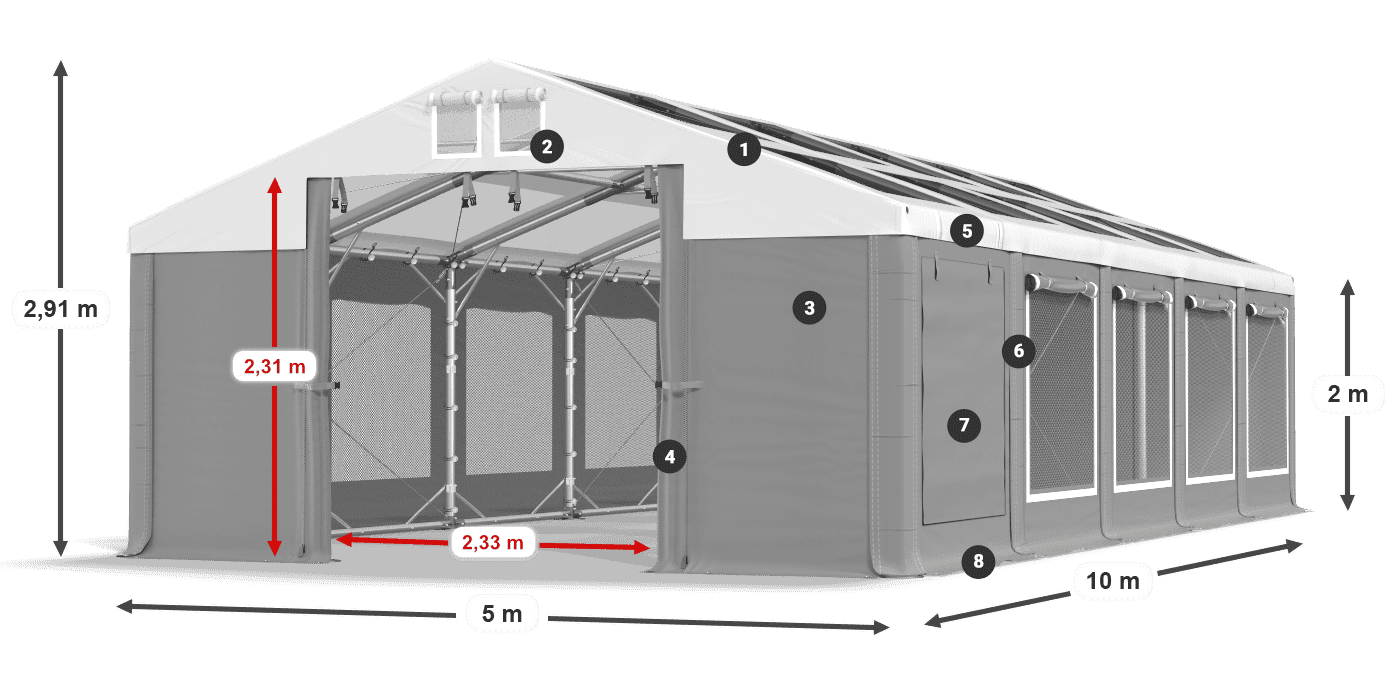 Střecha: MS T 580 PVC Stěny: SDM 500 PVC 2m legenda