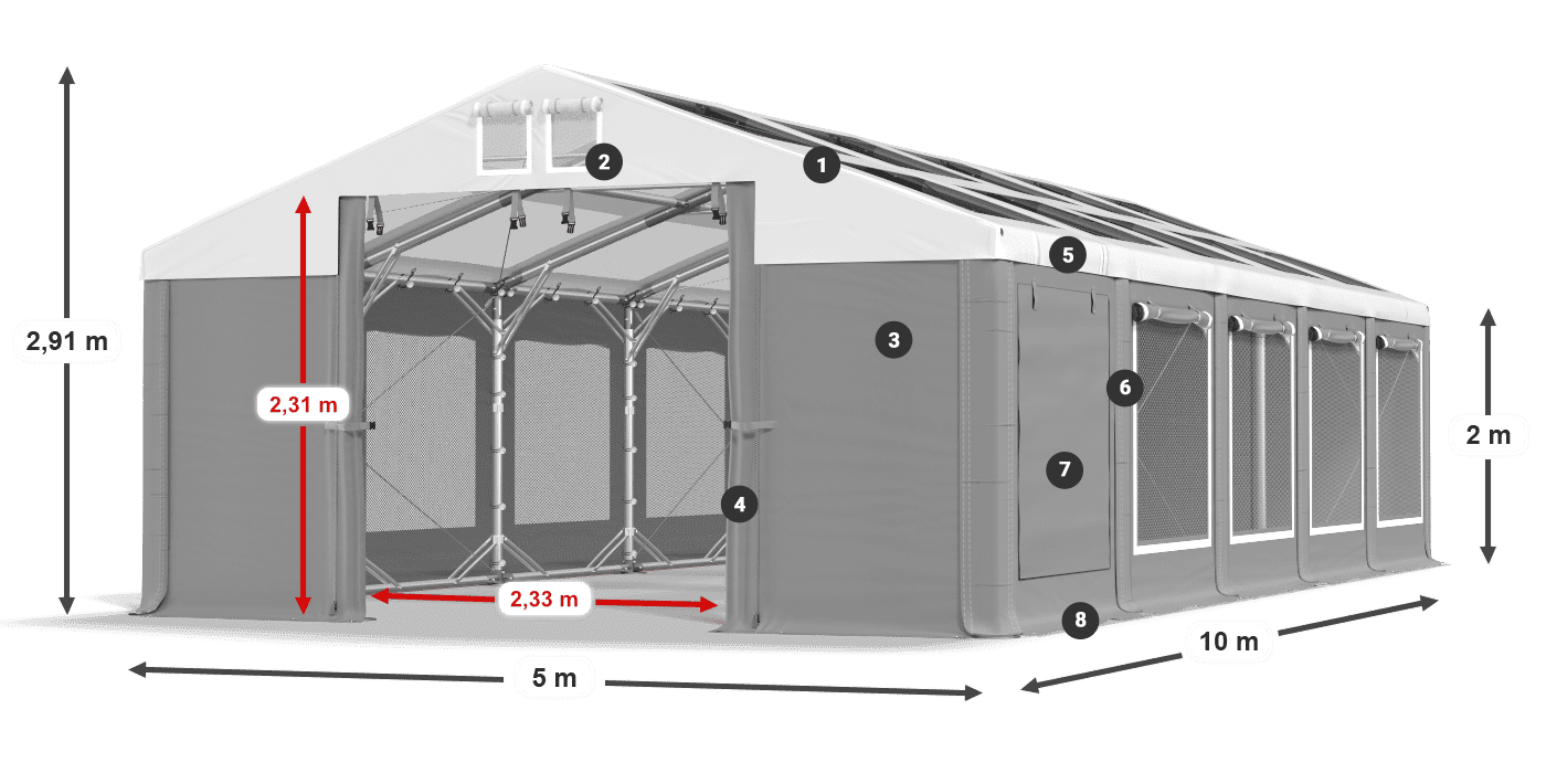 Střecha: MS T 580 PVC Stěny: SDM 500 PVC 2m legenda