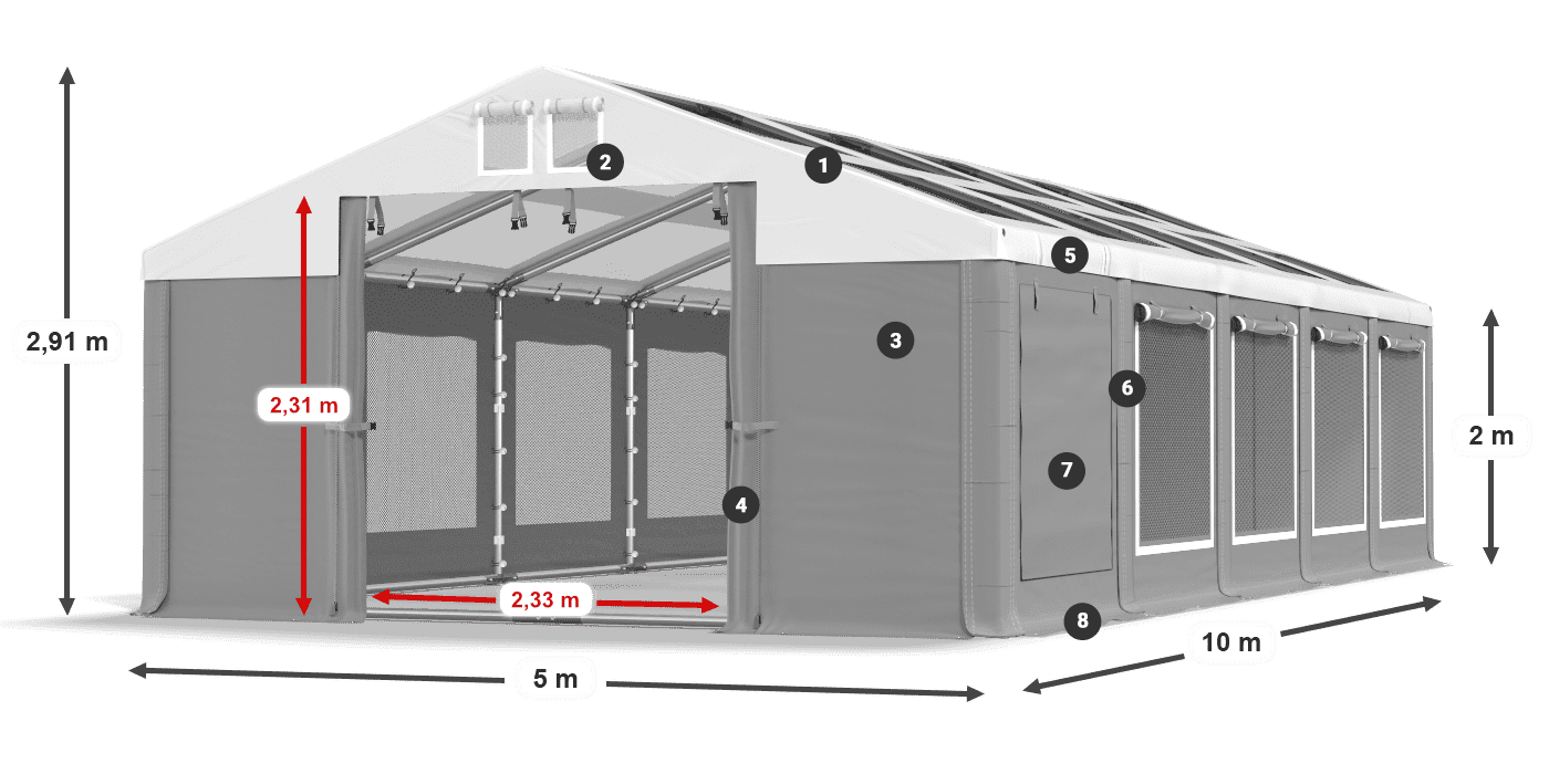 Střecha: MS T 580 PVC Stěny: SDM 500 PVC 2m legenda