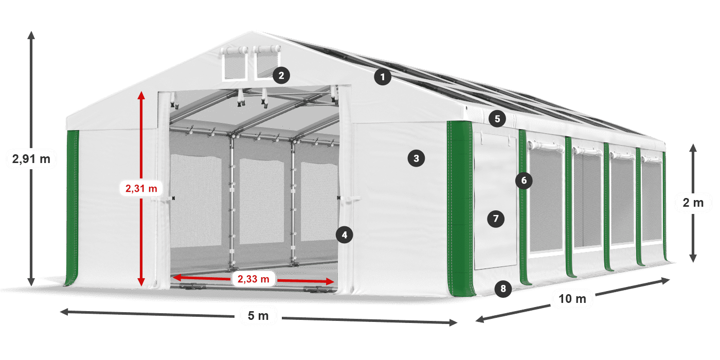 Střecha: MS T 580 PVC Stěny: SDM 500 PVC 2m legenda