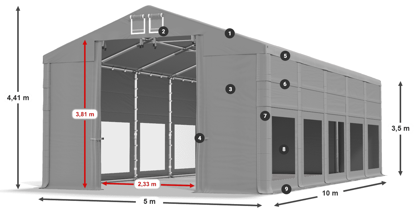 Střecha: FR 620 PVC Stěny: MS 580 PVC 3,5m legenda