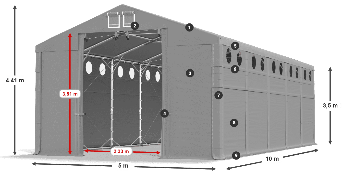 Střecha: MS 580 PVC Stěny: FR O 620 PVC 3,5m legenda