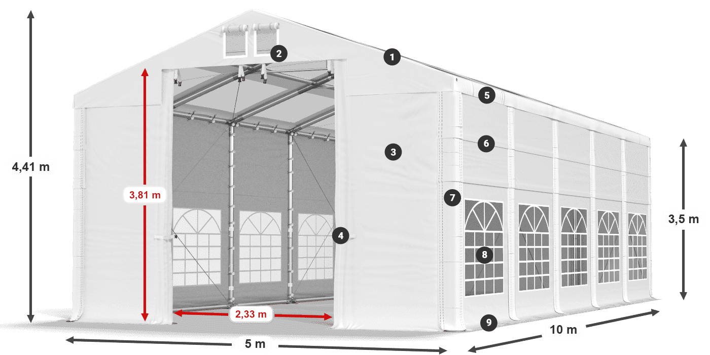 Střecha: MS T 580 PVC Stěny: SD 500 I PVC 3,5m legenda