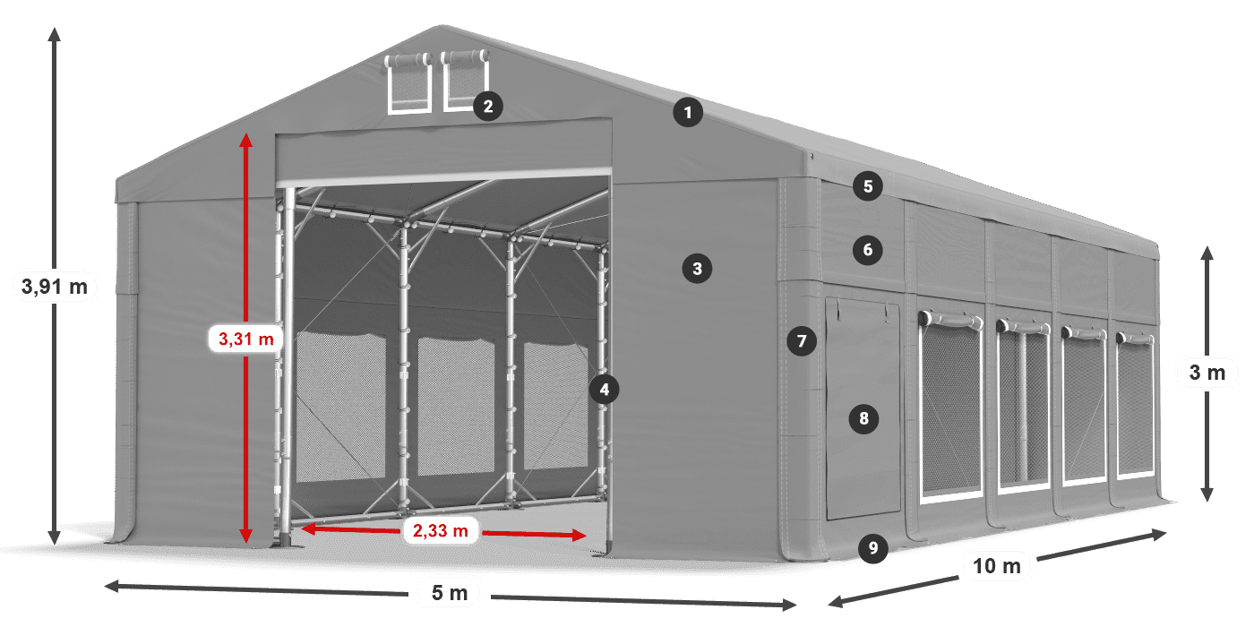 Střecha: FR 620 PVC Stěny: SD 500 PVC 3m legenda