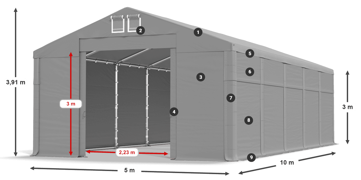 Střecha: MS 580 PVC Stěny: FR 620 PVC  3m legenda