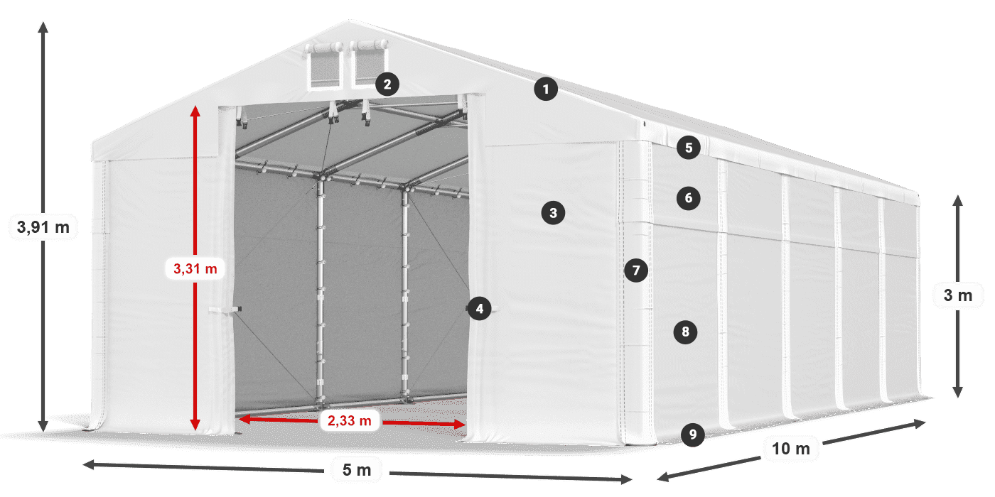 Střecha: MS 580 PVC Stěny: FR 620 PVC  3m legenda