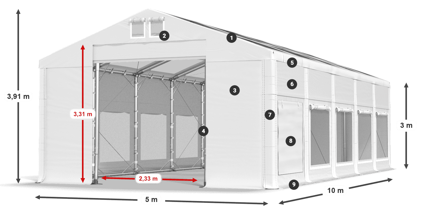 Střecha: MS T 580 PVC Stěny: SD M 500 PVC 3m legenda