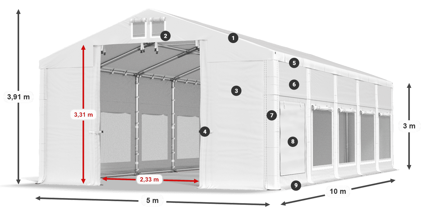 Střecha: MS 580 PVC Stěny: SD M 500 PVC 3m legenda