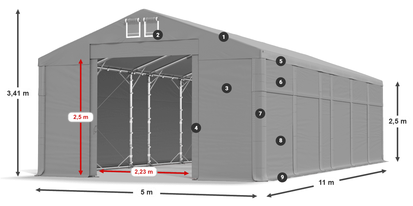 Střecha: FR 620 PVC Stěny: MS 580 PVC 2,5 m legenda