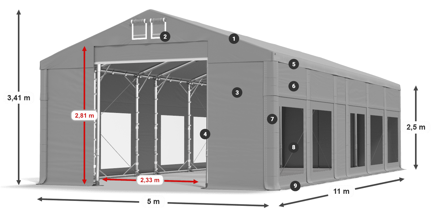 Střecha: FR 620 PVC Stěny: MS 580 PVC 2,5 m legenda