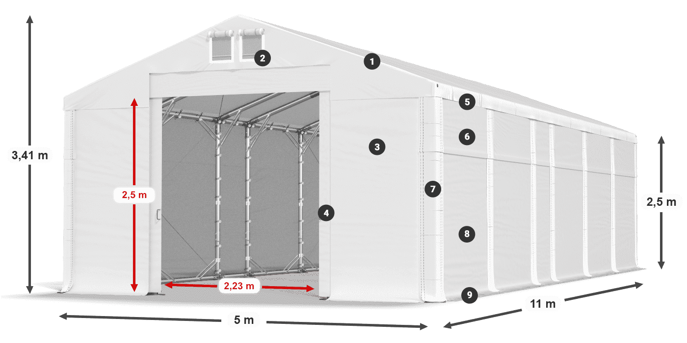 Střecha: FR 620 PVC Stěny: MS 580 PVC 2,5 m legenda