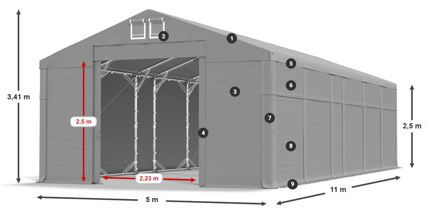 Střecha: FR 620 PVC Stěny: MS 580 PVC 2,5 m legenda