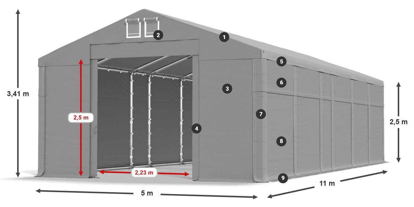 Střecha: FR 620 PVC Stěny: MS 580 PVC 2,5 m legenda