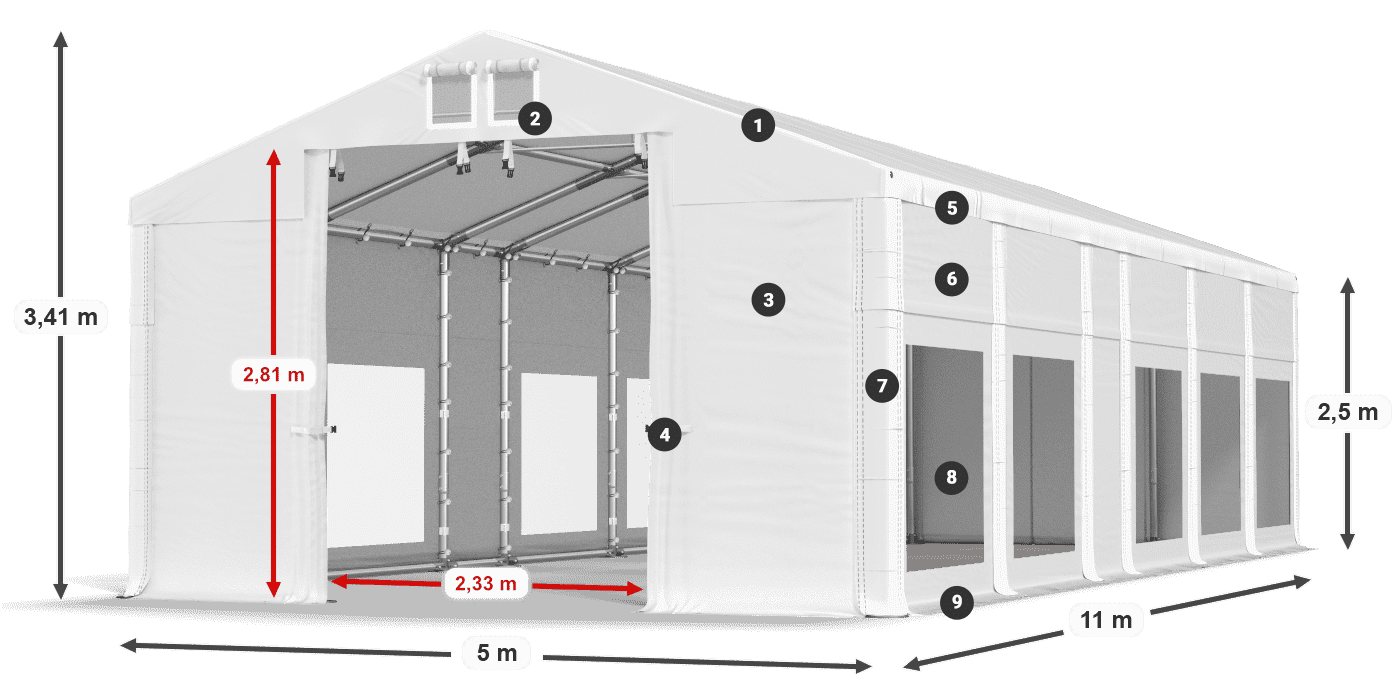 Střecha: FR 620 PVC Stěny: MS 580 PVC 2,5 m legenda