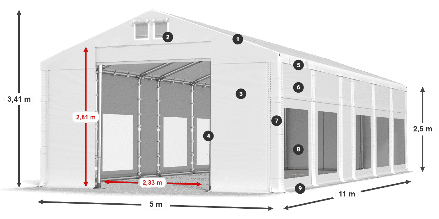 Střecha: FR 620 PVC Stěny: MS 580 PVC 2,5 m legenda