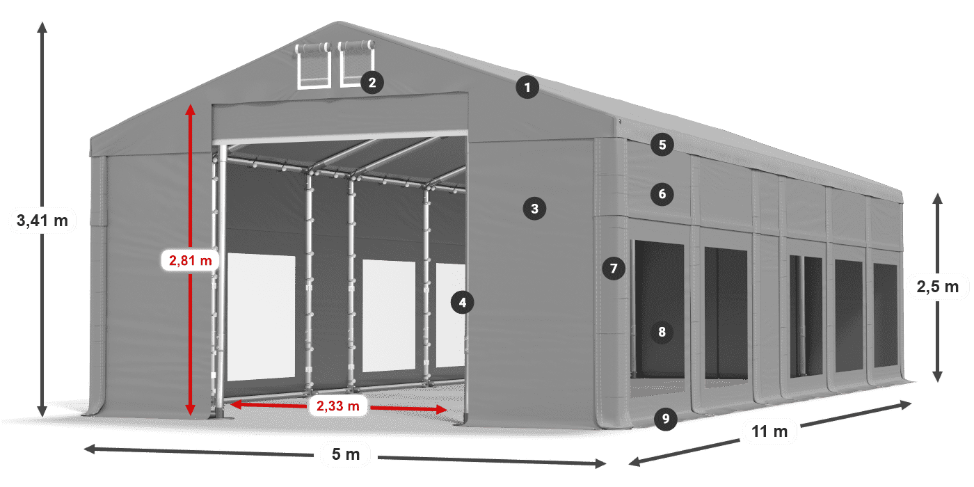 Střecha: FR 620 PVC Stěny: MS 580 PVC 2,5 m legenda