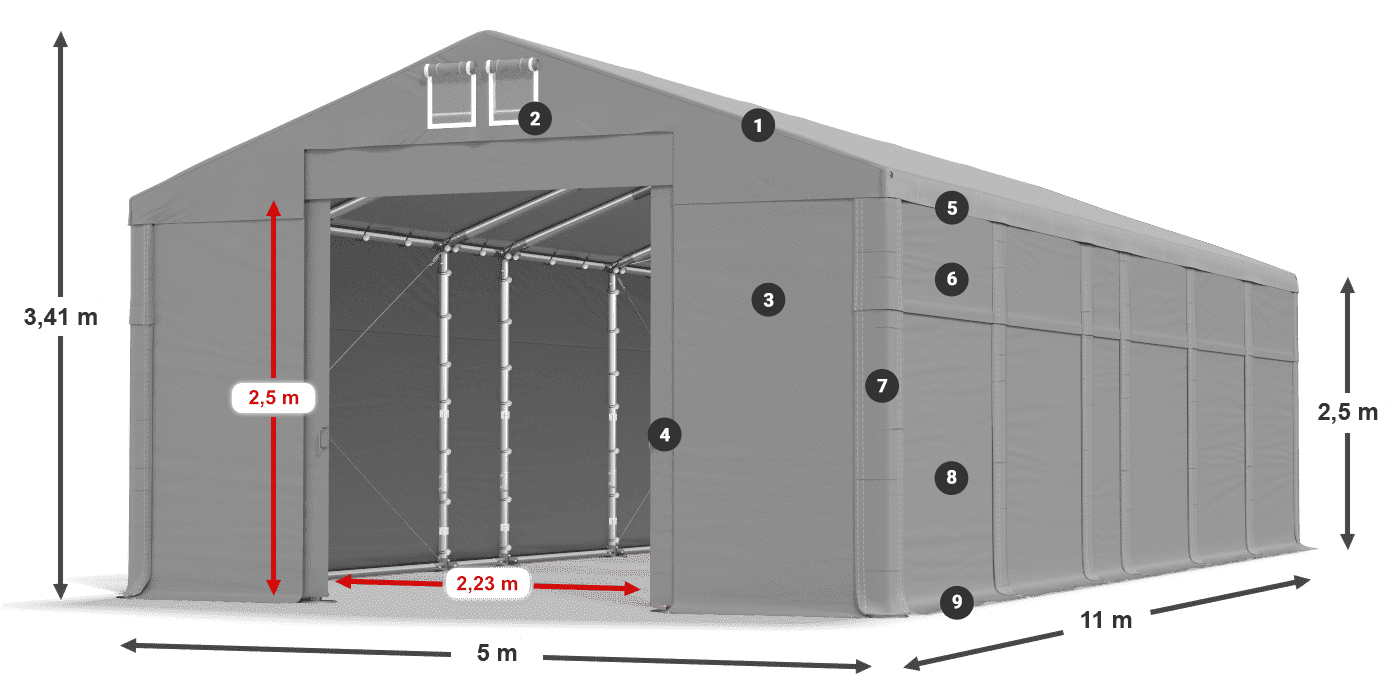 Střecha: FR 620 PVC Stěny: MS 580 PVC 2,5 m legenda