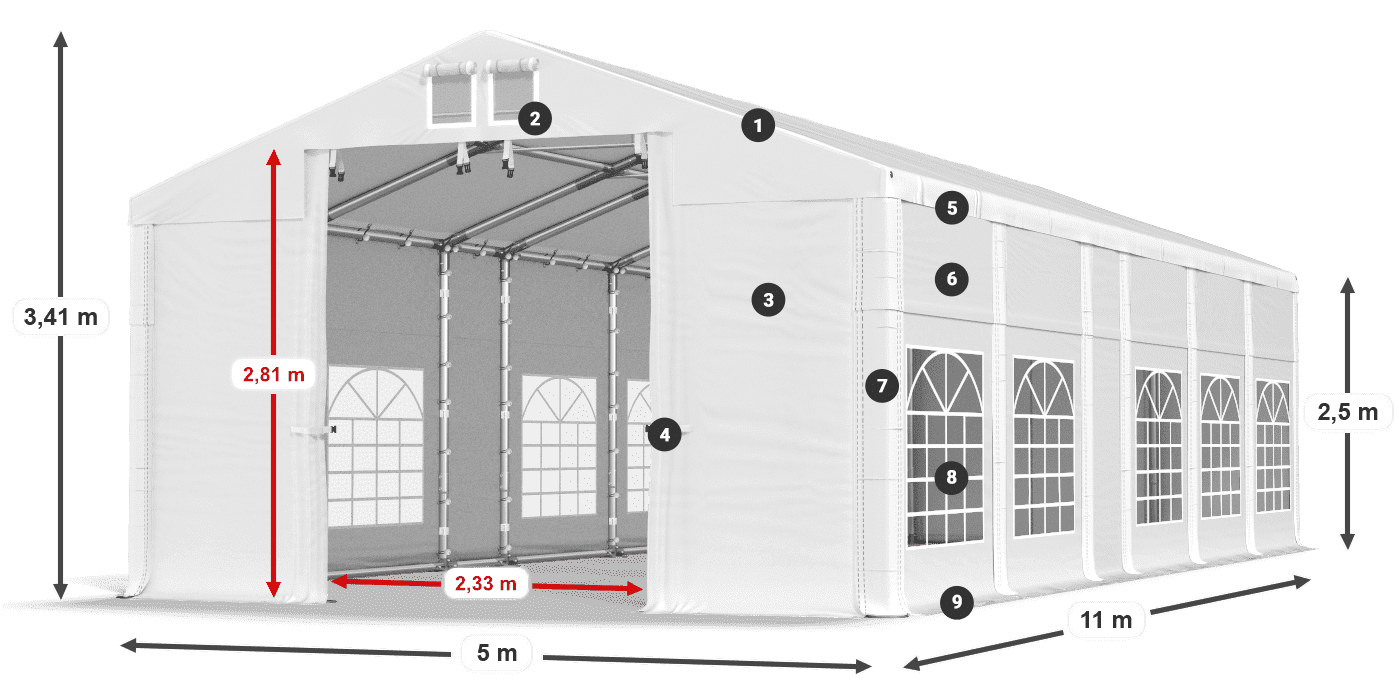 Střecha: FR 620 PVC Stěny: SD 500 PVC 2,5 m legenda