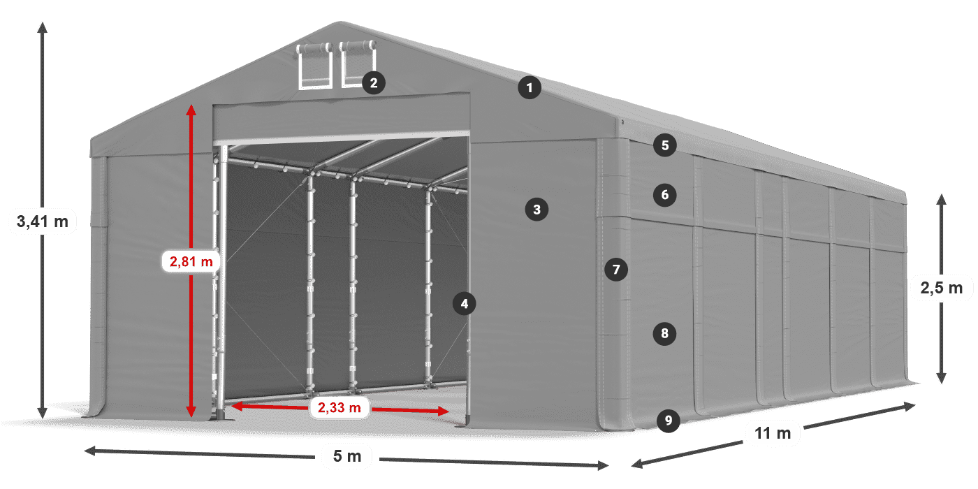 Střecha: FR 620 PVC Stěny: SD 500 PVC 2,5 m legenda