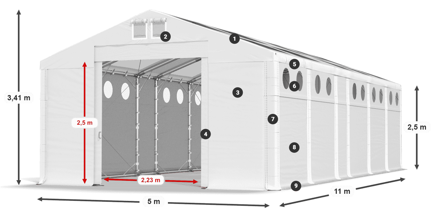 Střecha: MS T 580 PVC Stěny: FR O 620 PVC 2,5 m legenda