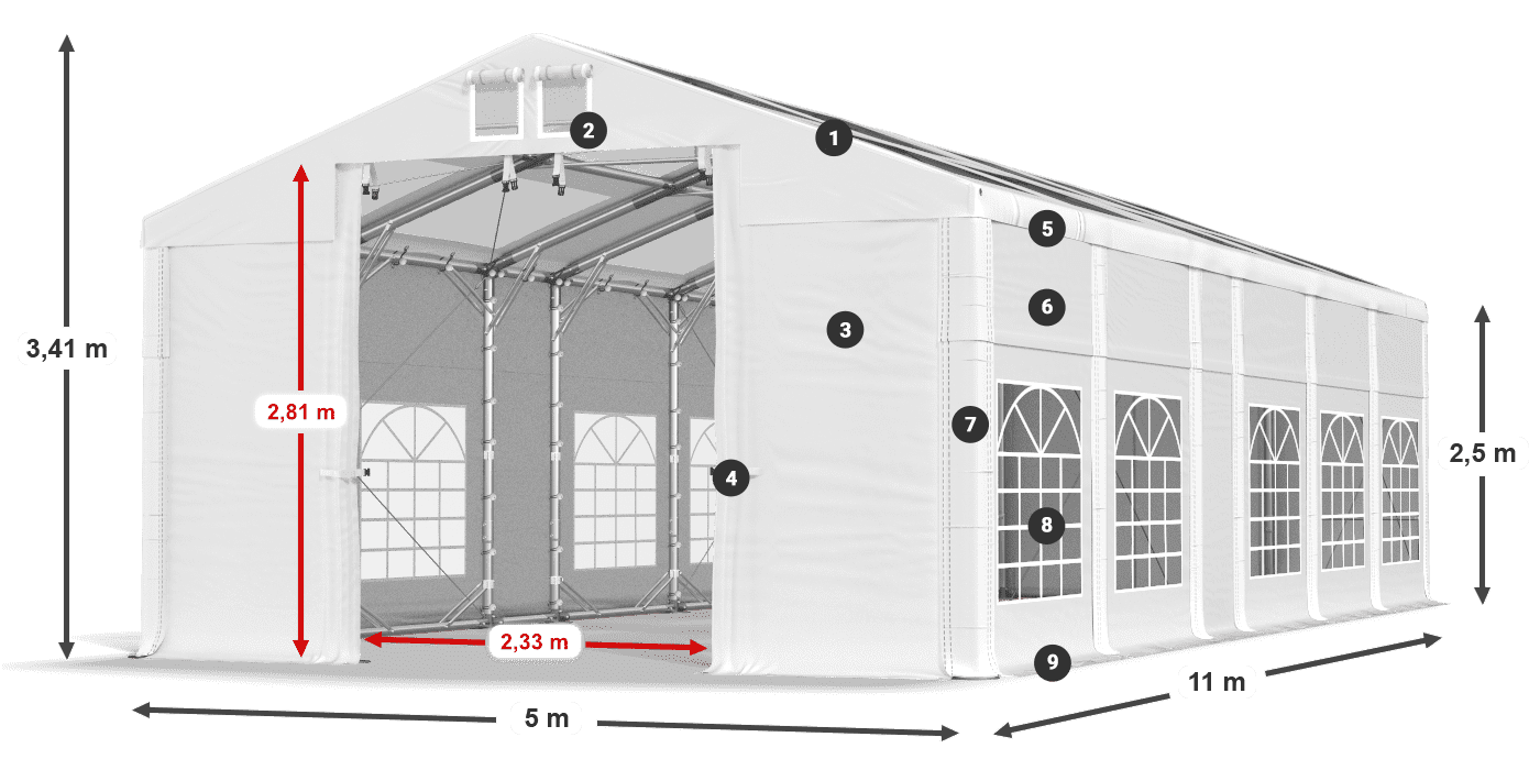 Střecha: MS T 580 PVC Stěny: FR 620 PVC 2,5 m legenda