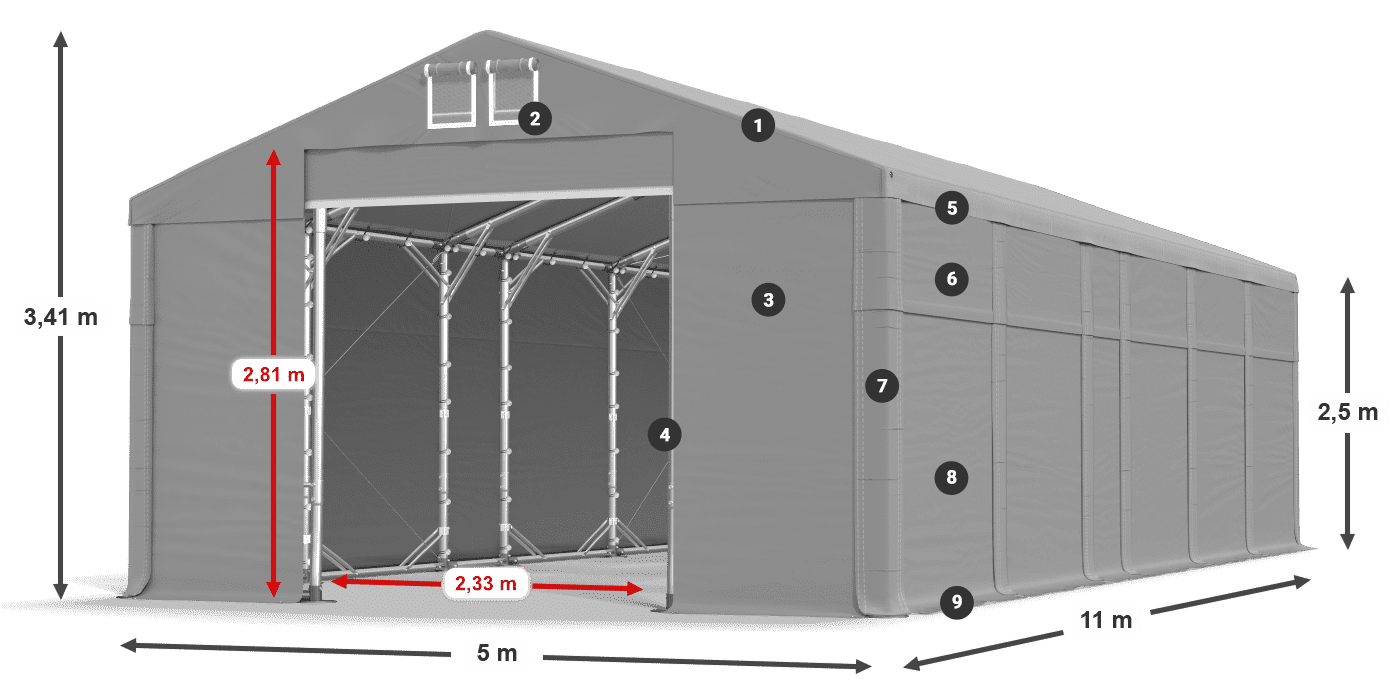 Střecha: MS 580 PVC Stěny: SD 500 PVC 2,5 m legenda