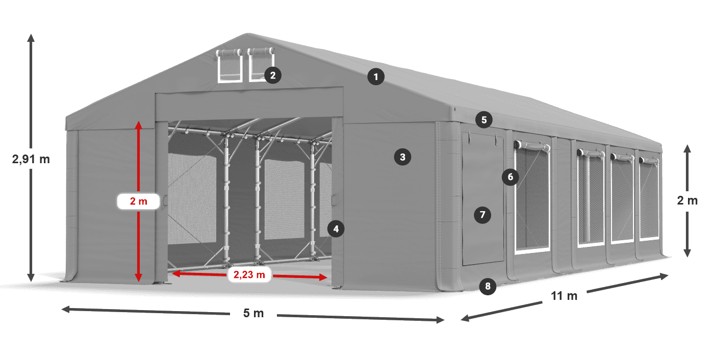 Střecha: FR 620 PVC Stěny: SD 500 PVC 2m legenda