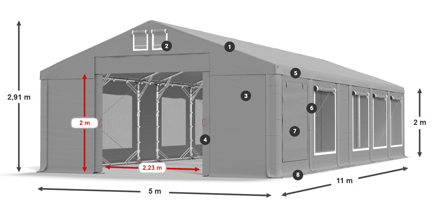 Střecha: FR 620 PVC Stěny: SD 500 PVC 2m legenda
