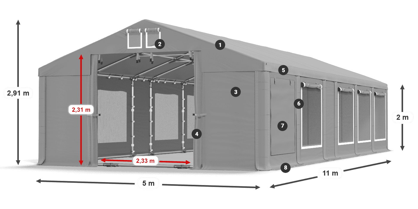 Střecha: FR 620 PVC Stěny: SD 500 PVC 2m legenda