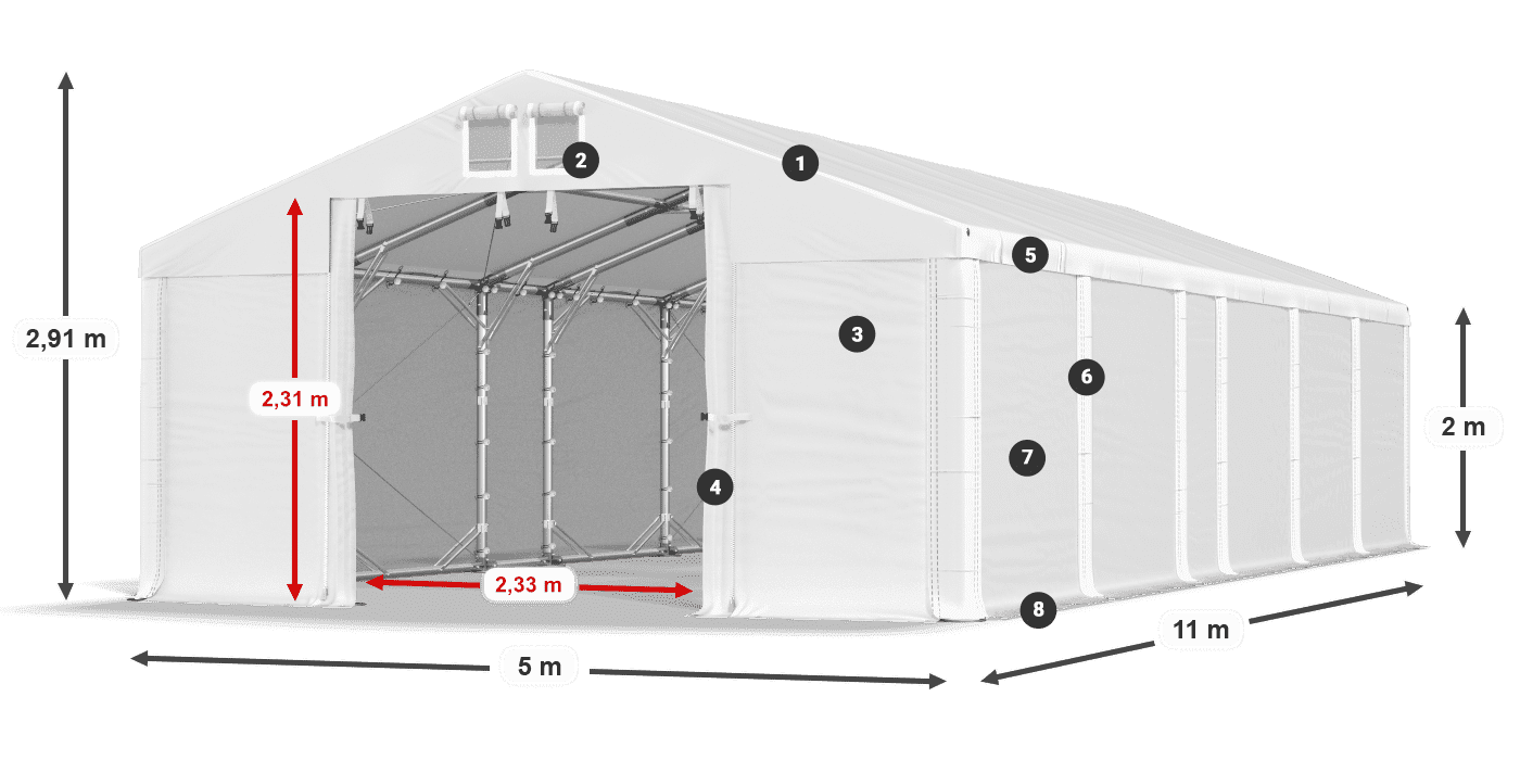 Střecha: MS 580 PVC Stěny: SD 500 PVC 2m legenda