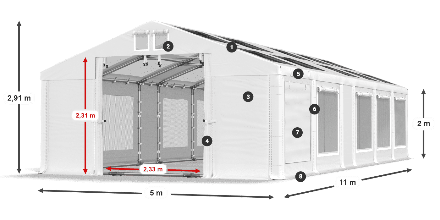 Střecha: MS T 580 PVC Stěny: SDM 500 PVC 2m legenda