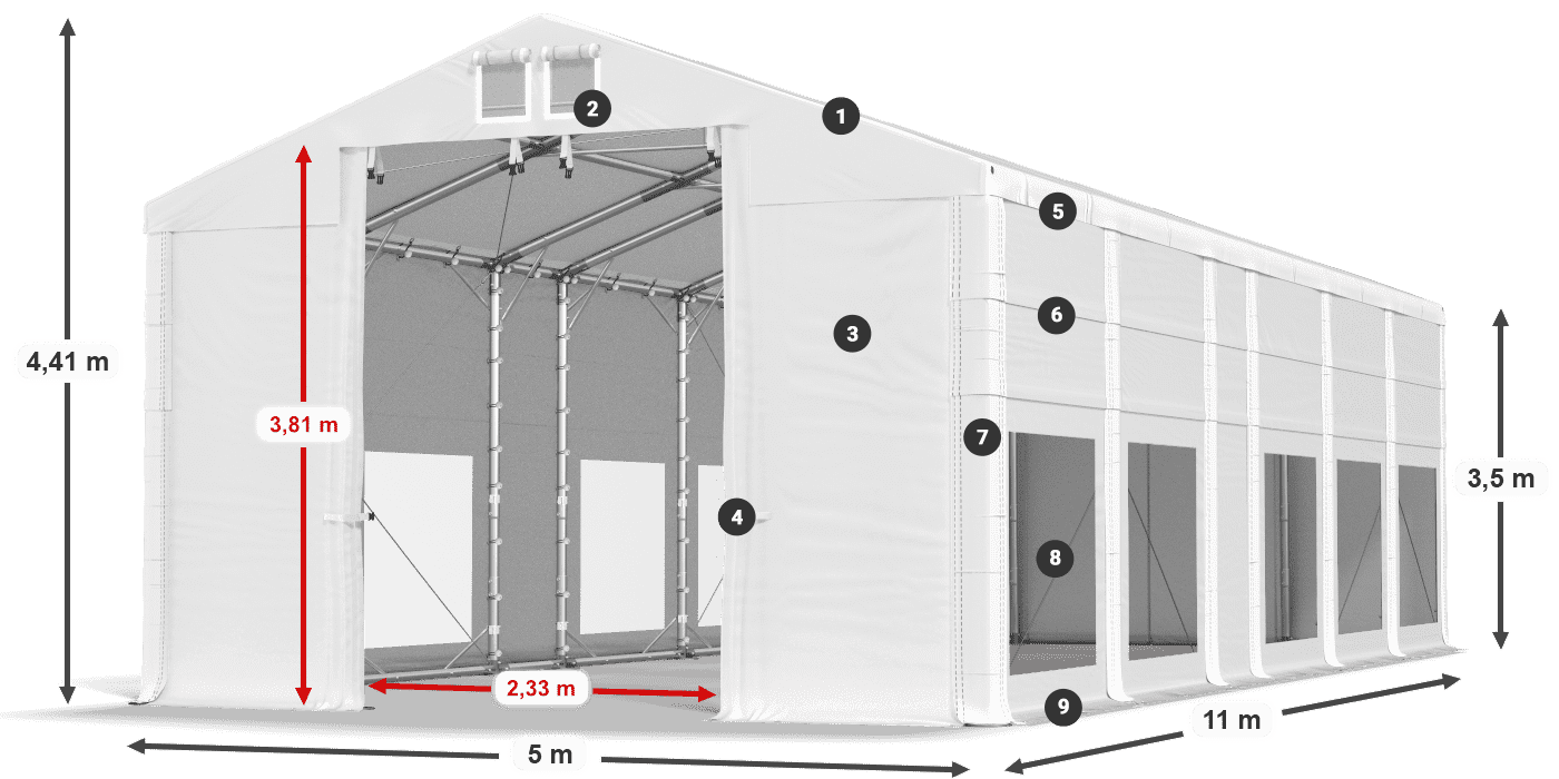 Střecha: FR 620 PVC Stěny: MS 580 PVC 3,5m legenda