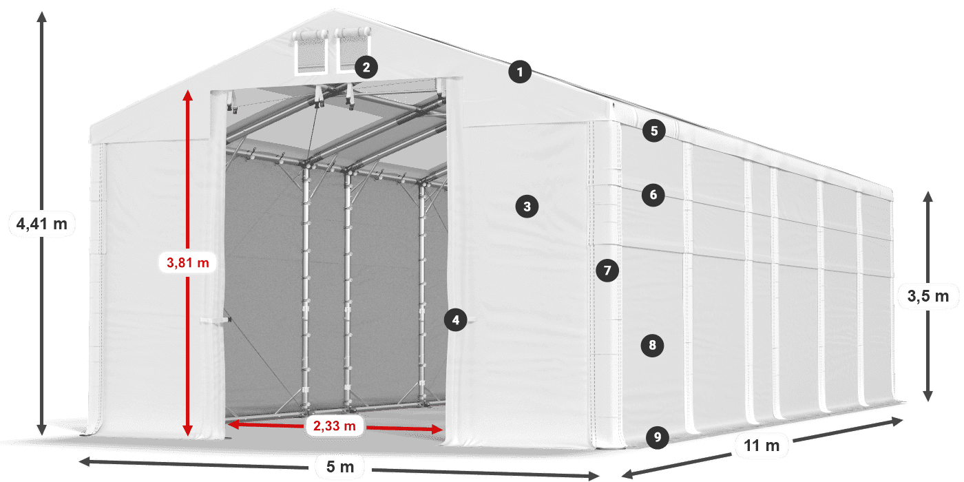 Střecha: MS T 580 PVC Stěny: FR 620 PVC 3,5m legenda